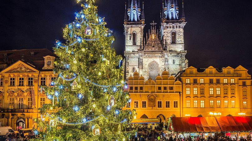 A magnificent Christmas tree at Prague Christmas market.