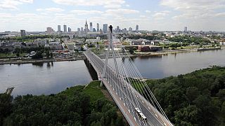 Aerial view of downtown Warsaw and the Vistula River with the Swietokrzyski Bridge