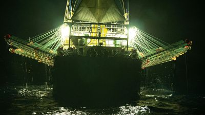 Chang Tai 802, a Chinese-flagged ship, fishes for squid at night on the high seas off the west coast of South America in 2021