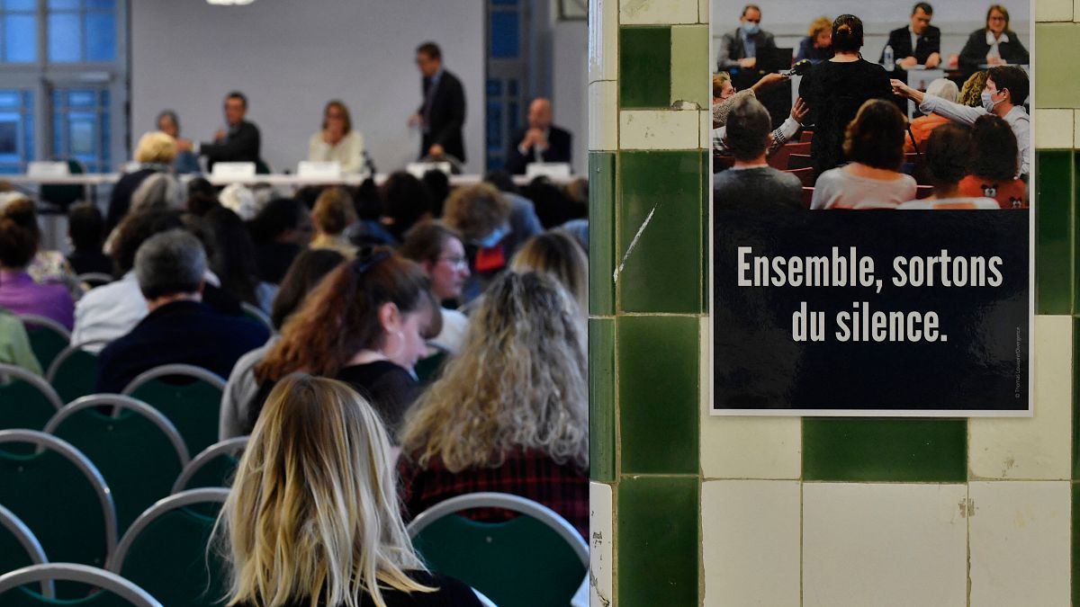 People take part in a public meeting by the "Commission Independante sur l'Inceste et les Violences Sexuelles faites aux Enfants" (CIIVISE) at the Palais de la Femme in Paris.