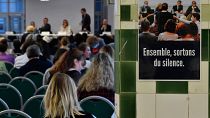People take part in a public meeting by the "Commission Independante sur l'Inceste et les Violences Sexuelles faites aux Enfants" (CIIVISE) at the Palais de la Femme in Paris.