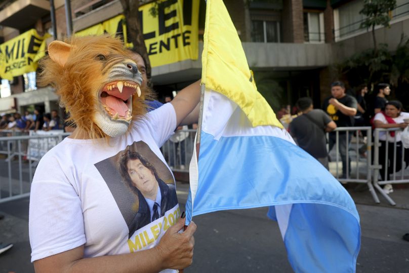 A supporter of Javier Milei takes part in his closing campaign rally in Cordoba, Argentina