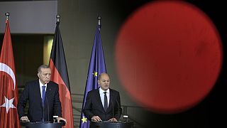 Turkey's President Recep Tayyip Erdogan, left, and German Chancellor Olaf Scholz talk to the media at a press conference at the chancellery in Berlin, Germany, Nov. 17, 2023
