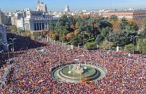 Protesters pack the central Cibeles square in Madrid, Spain, Saturday
