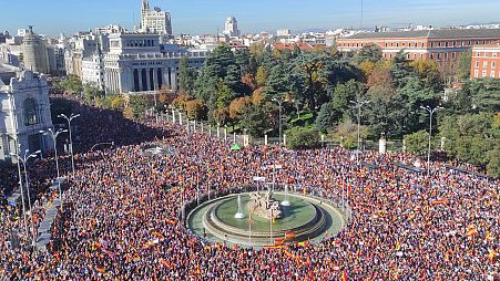 Protesters pack the central Cibeles square in Madrid, Spain, Saturday