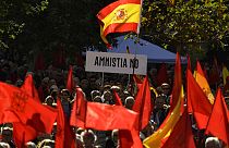 Демонстрант держит плакат с надписью "Нет амнистии" на акции протеста в Памплоне на севере Испании. 18 ноября 2023.