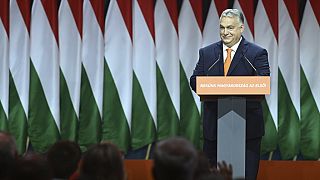 Hungarian PM Viktor Orban delivers a speech after he was re-elected as party president of the ruling Hungarian Fidesz party in Budapest, Saturday, Nov. 18, 2023. 