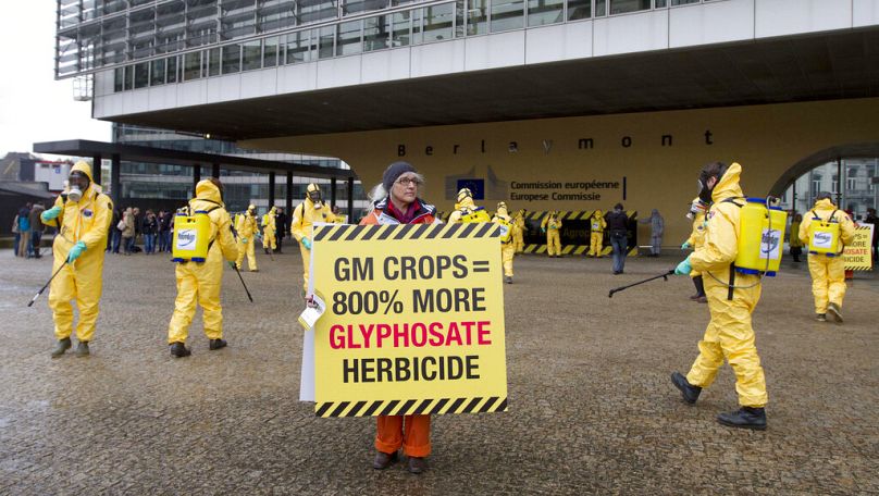 Members of Greenpeace wear mock hazardous material suits and spray water while demonstrating in front of EU headquarters in Brussels, November 2012