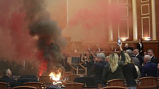 Arnavutluk parlamentosunda muhalif milletvekillerinin patlattığı havai fişeklerden biri küçük bir yangına yol açtı