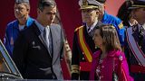 Spain's Prime Minister Pedro Sanchez, left, talks with Spain's Defense Minister Margarita Robles.