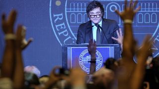 Javier Milei speaks after his victory over Sergio Massa, Economy Minister and candidate of the ruling Peronist party, in a runoff election in Buenos Aires Sunday Nov 19, 2023.