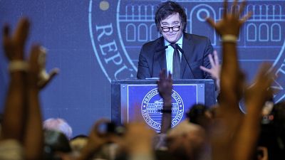 Javier Milei speaks after his victory over Sergio Massa, Economy Minister and candidate of the ruling Peronist party, in a runoff election in Buenos Aires Sunday Nov 19, 2023.