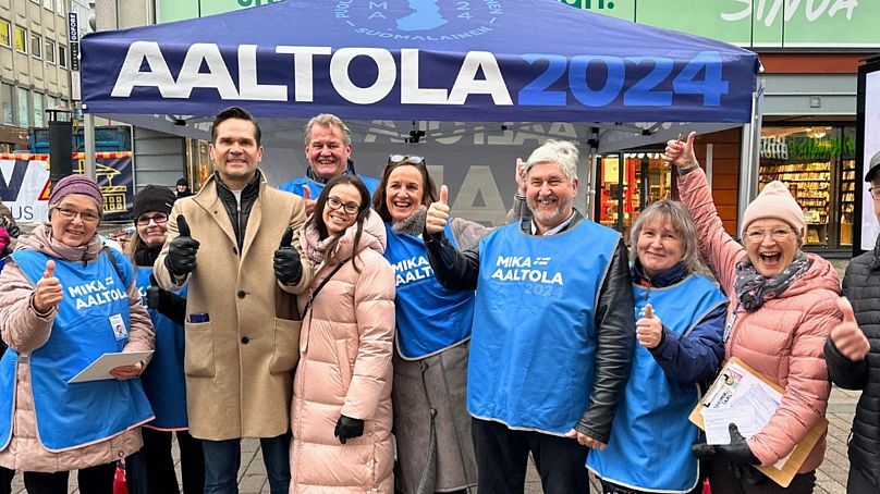 Independent candidate Mika Aaltola poses with campaign volunteers, Jyväskylä, Finland, 7 November 2023