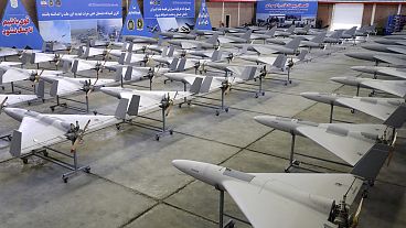 Imagen difundida a través de la web oficial del Ejército iraní el jueves 20 de abril de 2023 de drones de fabricación iraní. 