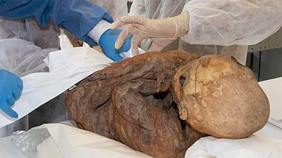 Imagen de dos antropólogos examinando una de las tres momias precolombinas que han sido devueltas a Bolivia.