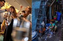 People sample glasses of fine water during a luxury water competition in Athens, while women wash clothes in Dharavi, one of Asia's largest slums, in Mumbai, India
