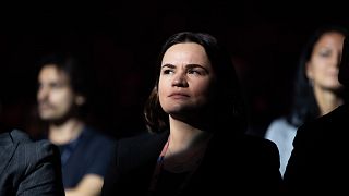  Лидерът на белоруската съпротива Светлана Циханоуская на уеб срещата на върха в Лисабон. 