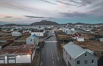 This image taken with a drone shows the town of Grindavik, Iceland.