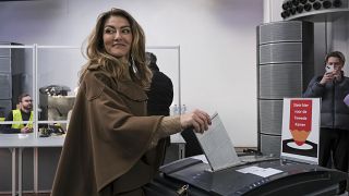 Dilan Yesilgoz-Zegerius, leader of the People's Party for Freedom and Democracy, known by Dutch acronym VVD, casts her ballot in Amsterdam, Netherlands, Wednesday, Nov. 22, 20