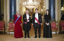 Britain's Queen Camilla, King Charles III, President of South Korea Yoon Suk Yeol and his wife Kim Keon Hee ahead of the State Banquet