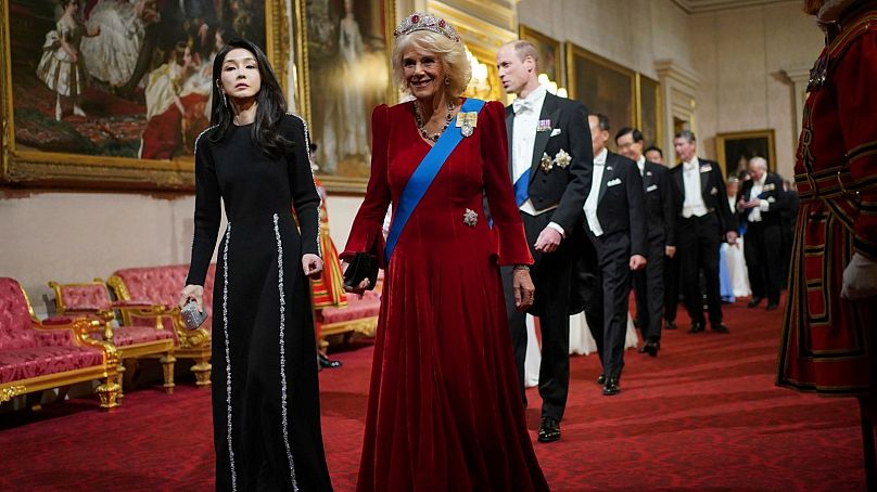 Britain's Queen Camilla and the wife of President of South Korea Yoon Suk Yeol, Kim Keon Hee, ahead of the State Banquet