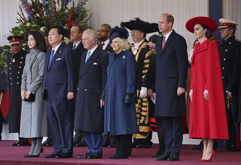 Front from left, First Lady of South Korea, Kim Keon-hee, President Yoon Suk Yeol, King Charles III, Queen Camilla, Prince William, and Kate, Princess of Wales