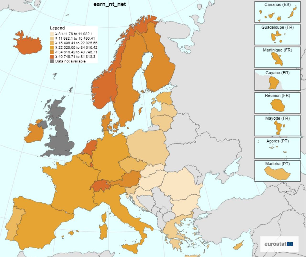 Annual net earnings in European countries
