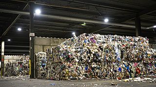 Plastic waste is stored in a new plastic waste sorting facility in Motala, central Sweden, Thursday, Nov. 9, 2023. 