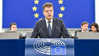 EU humanitarian aid commissioner Janez Lenarčič speaks in the European Parliament in Strasbourg, 22 November 2023