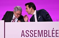 Vivendi Chairman of the Supervisory Board, Yannick Bollore (R) talks with CEO of Vivendi, Arnaud de Puyfontaine (L) during the group's general assembly, on April 24,2023