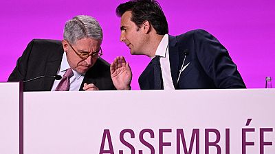 Vivendi Chairman of the Supervisory Board, Yannick Bollore (R) talks with CEO of Vivendi, Arnaud de Puyfontaine (L) during the group's general assembly, on April 24,2023