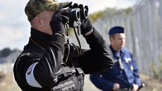 حارس أمن حدود بولندي عند حاجز حدودي مجري صربي. 2016/10/13