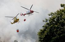 Firefighting helicopters fly over Aguamansa, as wildfires rage out of control on the island of Tenerife, Canary Islands, Spain, 18 August 2023. 