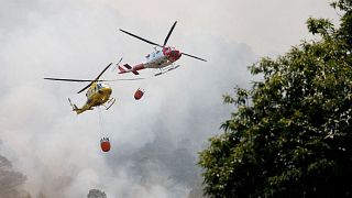 Des hélicoptères de lutte contre les incendies survolent Aguamansa, alors que des feux de forêt échappent à tout contrôle sur l'île de Tenerife, dans les îles Canaries, en Espagne, le 18 août 2023\. 