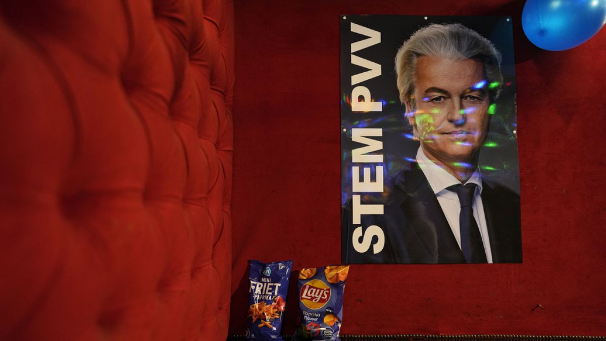 Ein Poster mit PVV-Spitzenkandidat Geert Wilders hängt in einer Bar