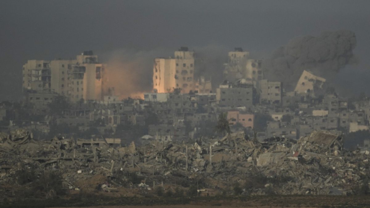 An explosion is seen following an Israeli airstrike in the Gaza Strip, as seen from southern Israel, Thursday, Nov. 23, 2023. 