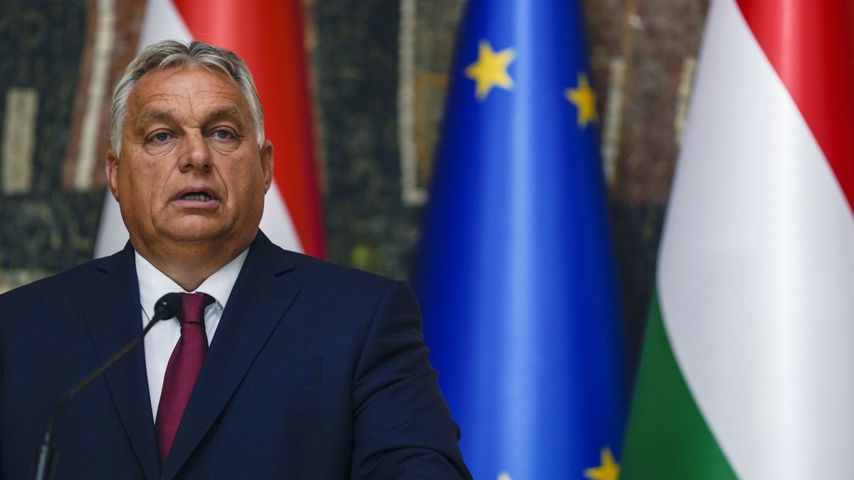 Премьер-министр Виктор Орбан на фоне флагов Евросоюза и Венгрии