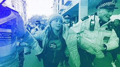 Environmental activist Greta Thunberg is taken away by police officers during the Oily Money Out protest outside the Intercontinental Hostel in London, October 2023