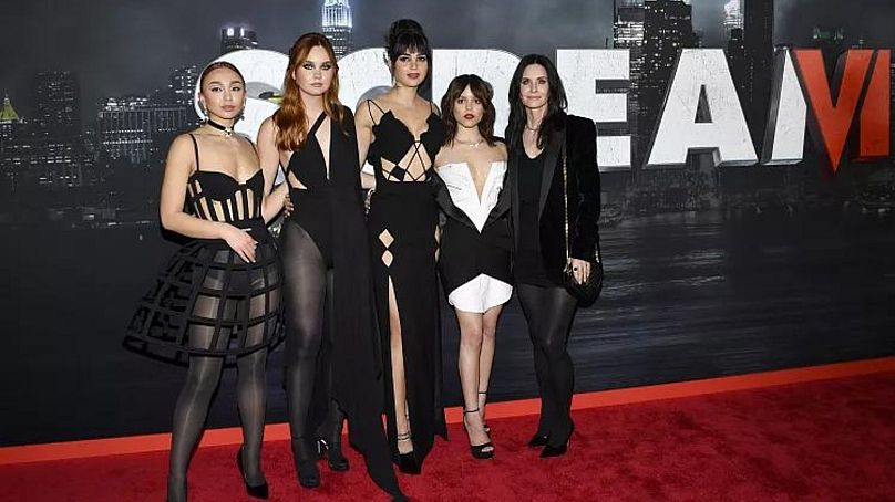 From left: Devyn Nekoda, Liana Liberato, Melissa Barrera, Jenna Ortega and Courteney Cox attend the world premiere of 'Scream VI' - March 2023