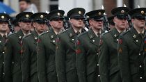 The Irish Defense Forces Guard of Honour march at Dublin Castle.
