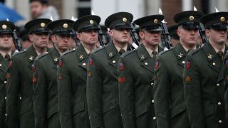 Почетный караул сил обороны Ирландии проходит маршем у Дублинского замка.
