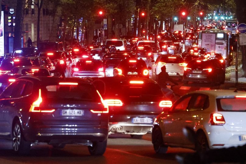 Cars in a traffic jam in downtown Paris on November 14, 2023.