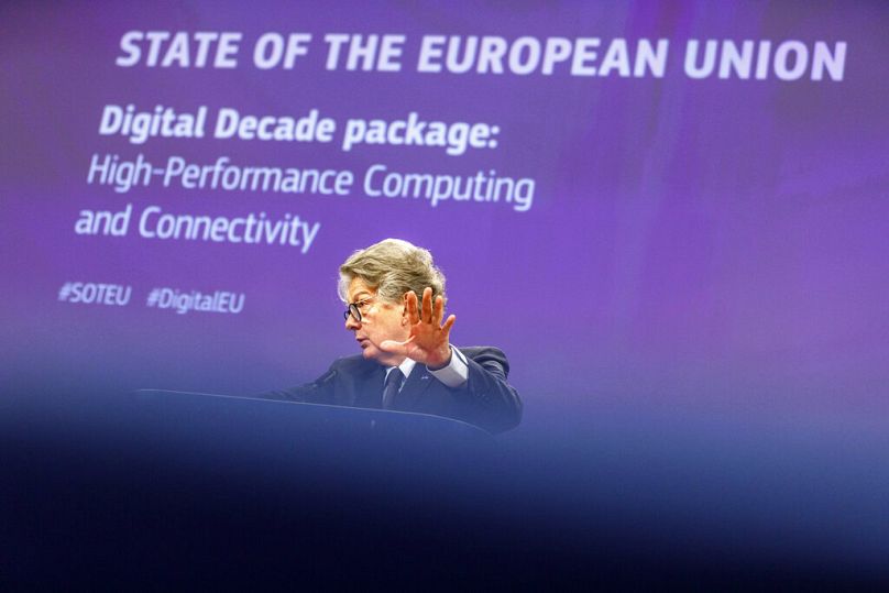European Commissioner for Internal Market Thierry Breton speaks during a media conference on the Digital Decade package in Brussels, September 2020
