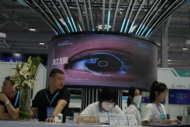 A giant eye is displayed at booth during Security China 2023 in Beijing, June 2023