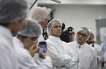 French President Emmanuel Macron visits the plant of Danish pharmaceutical company Novo Nordisk in Chartres, south west of Paris, Thursday, Nov. 23, 2023.