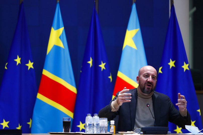 European Council President Charles Michel talks to DRC's President Felix Tshisekedi during a video conference at the European Council headquarters in Brussels, February 2021