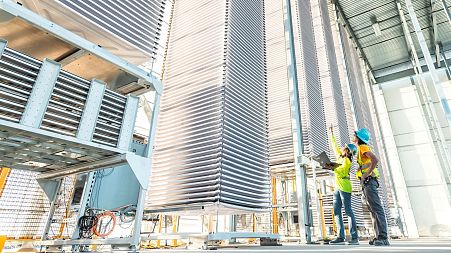 A stack of trays holding treated limestone, used to absorb CO2 form the air, at Heirloom's new plant, in Tracy, California.
