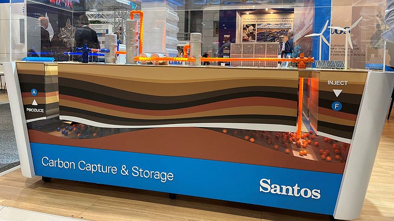 A model of carbon capture and storage designed by Santos Ltd, at the Australian Petroleum Production and Exploration Association conference in Brisbane, May 2022.