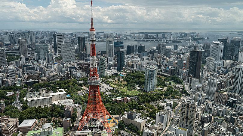 Tokyo Tower is seen from the 52nd floor of "Azabudai Hills", the latest project by Japanese property developer Mori Building Co., in central Tokyo on August 8, 2023.
