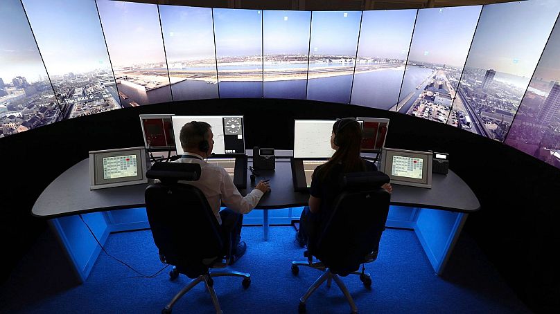 National Air Traffic Services personnel giving a demonstration in the operations room at National Air Traffic Services in Swanwick southern England, May 2017.